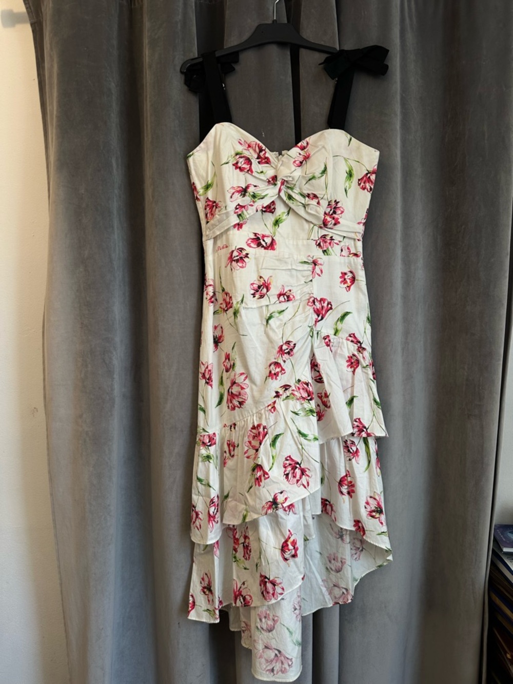 Revolve - Floral Tiered Midi Dress with Bow Straps - White/Pink